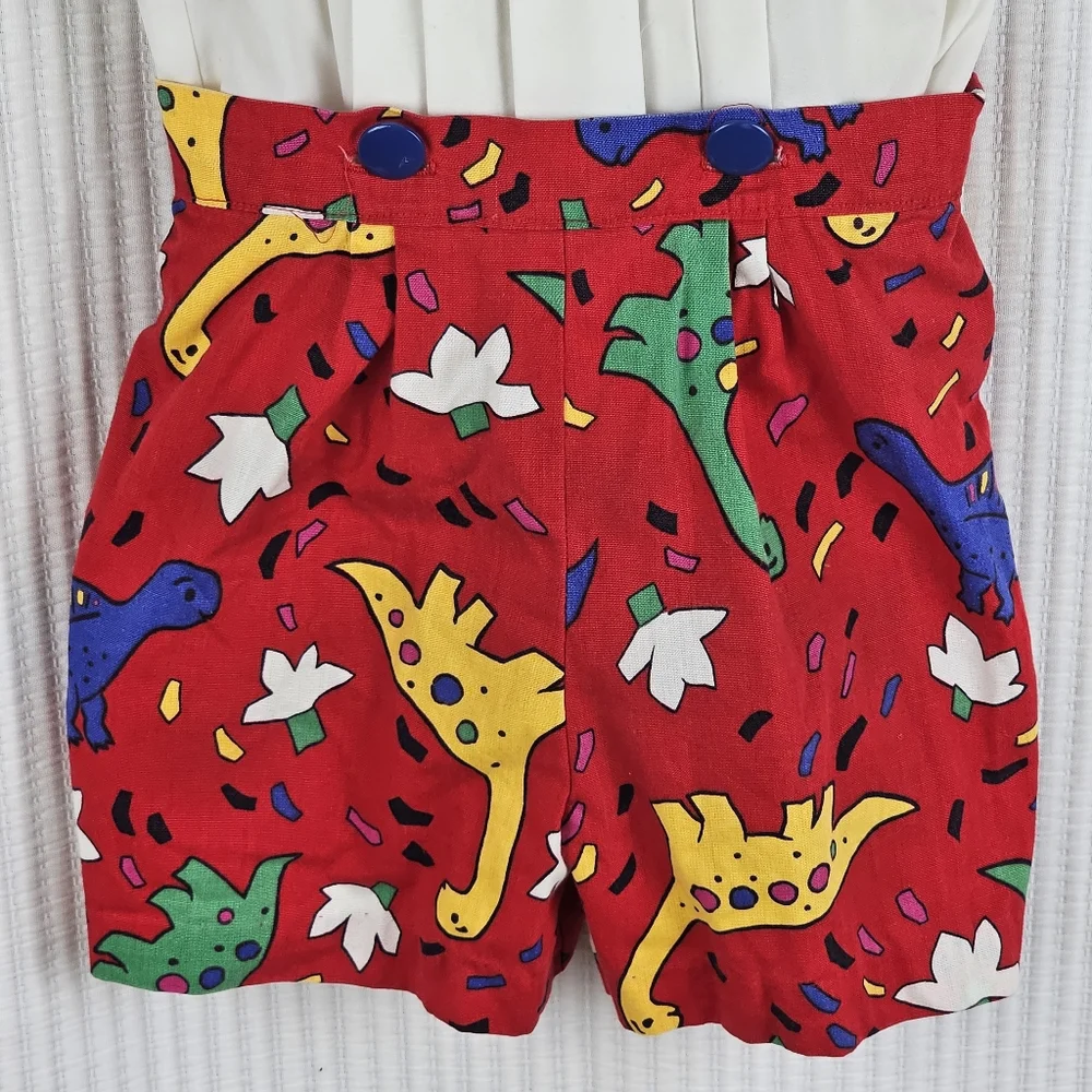 VTG Button-in Smocked‎ Dinosaur 2pc Outfit Colorful Dino Pleated